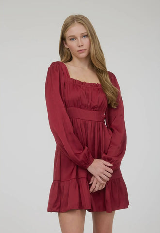 Satin Square Neck Dress || Red