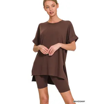 Round-Neck Top & Biker Shorts Set || Mahogany