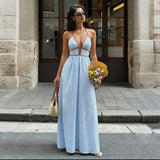 Striped Halter Maxi Dress || Blue
