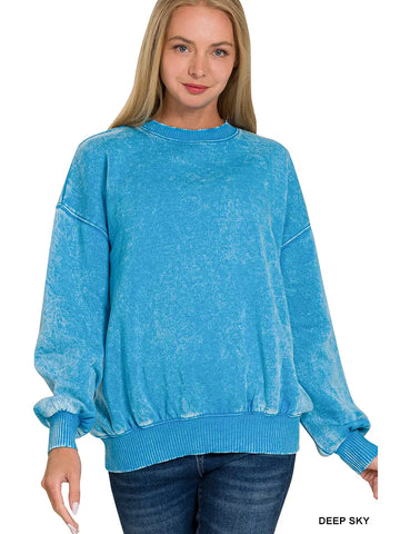 Acid Wash Fleece Oversized Pullover || Deep Sky