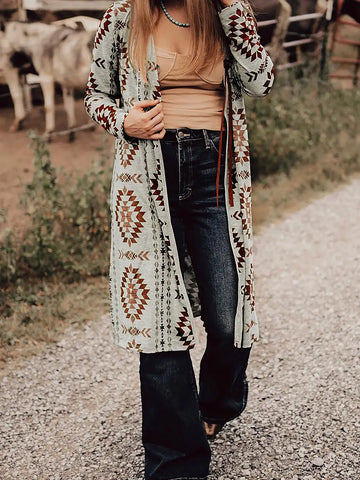 Western Aztec Printed Cardigan || Brown