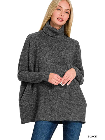 Brushed Melange Hacci Turtleneck Sweater || Black