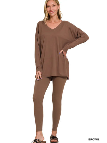 Brushed Dty Microfiber Loungewear Set || Brown