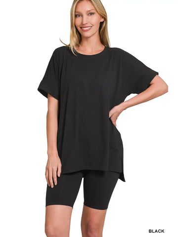 Round-Neck Top & Biker Shorts Set || Black