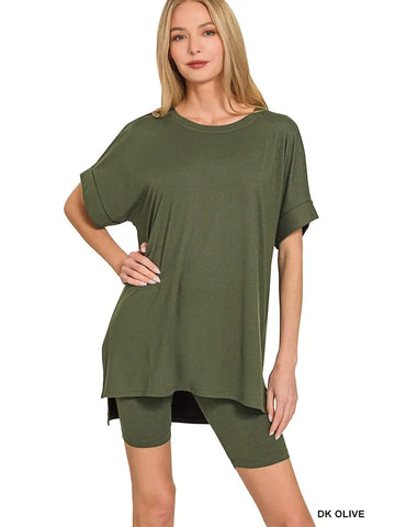 Round-Neck Top & Biker Shorts Set || Dark Olive