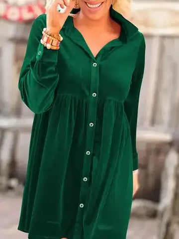 Velvet Button Up Dress || Green
