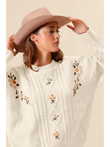 Embroidered Flower Cable Knitted Sweater Top || Ivory