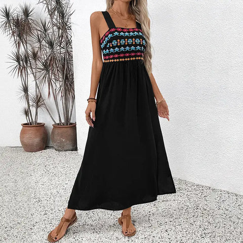 Embroidery Patchwork Dress || Black