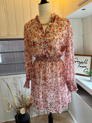 Tiered Long Sleeve Floral Dress || Coral