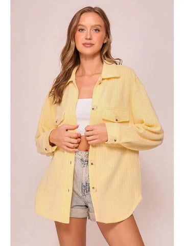 Long Sleeve Button Down Waffle Shacket || Yellow
