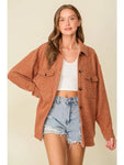 Long Sleeve Button Down Brushed Waffle Shacket || Rust