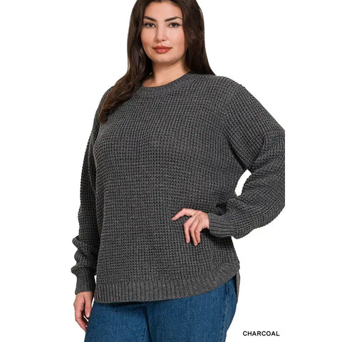 Plus Hi-Low Long Sleeve Waffle Sweater || Charcoal