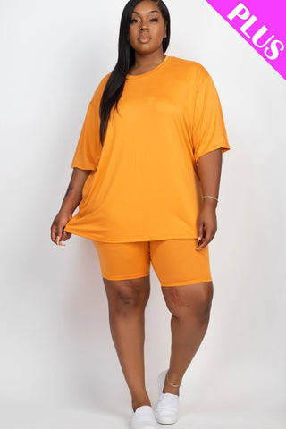 Plus Size Loose Fit Top & Bike Shorts Set || Tomato Cream