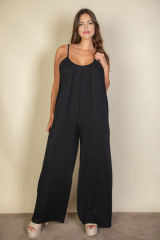 Plus Spaghetti Strap Solid Wide Jumpsuit || Black