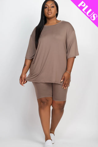 Plus Size Loose Fit Top & Bike Shorts Set || Taupe