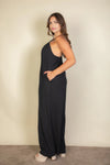 Plus Spaghetti Strap Solid Wide Jumpsuit || Black