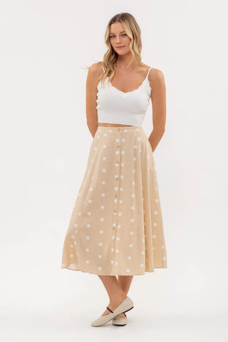 Polka Dot Button Down Midi Skirt || Khaki
