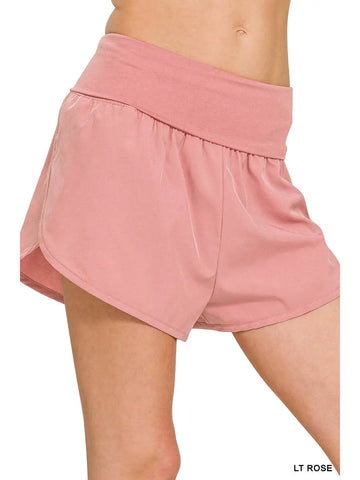 High Waisted Band Fold-Over Running Shorts || Light Rose