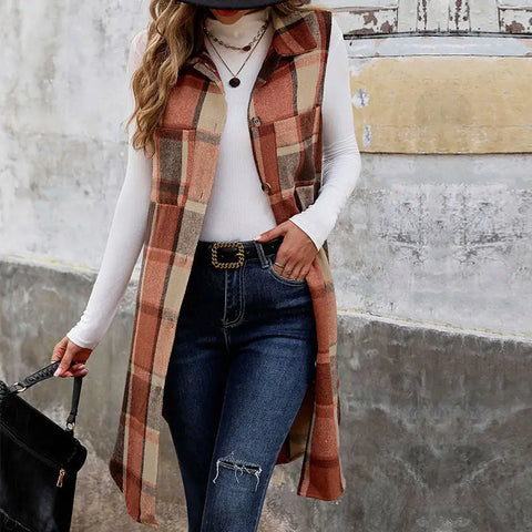 Sleeveless Lapel Cardigan Vest || Retro Plaid