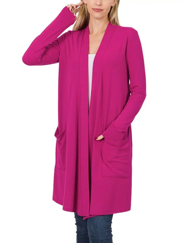 Slouchy Pocket Open Cardigan || Magenta