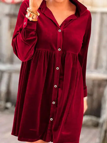 Velvet Button Up Dress || Red