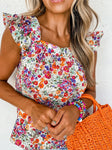 Square Neck Flutter Tank Top || Rose Red Floral