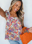 Square Neck Flutter Tank Top || Rose Red Floral