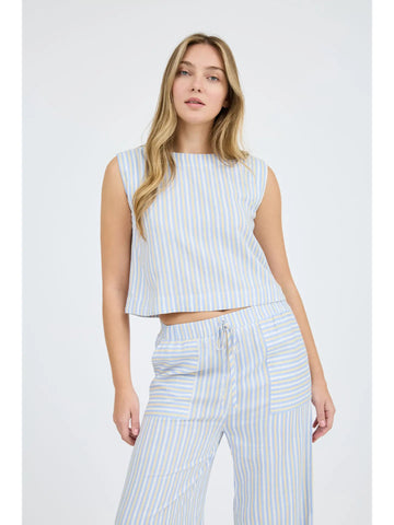 Stripe Blouse Wide Leg Pant Set || Blue