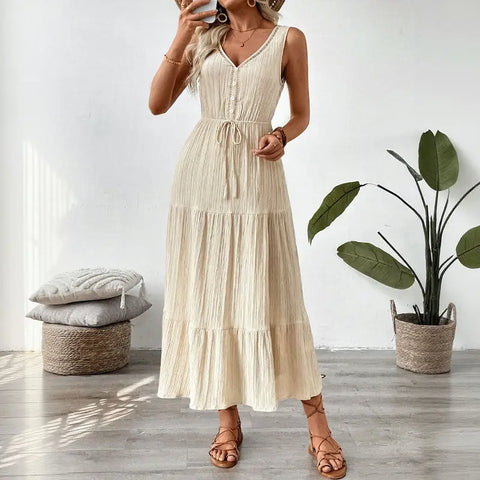 Textured Sleeveless Midi Dress || Apricot