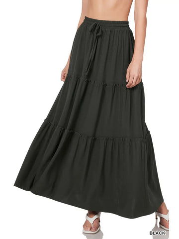 Tiered Ruffle Raw Hem Maxi Skirt || Black