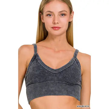 Washed Ribbed Bra Padded Tank Top || Ash Black