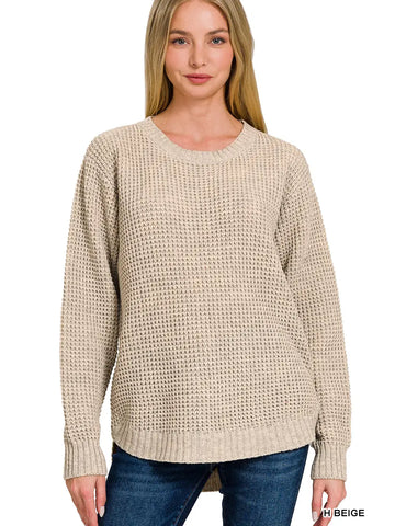 Hi-Low Long Sleeve Waffle Sweater || Beige