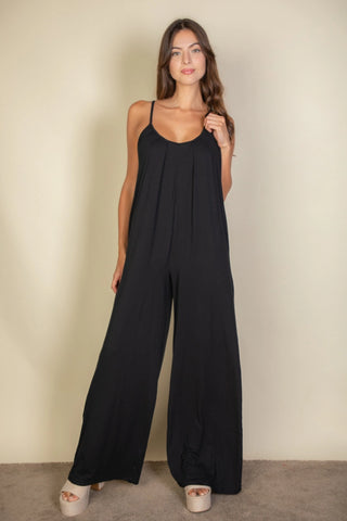 Spaghetti Strap Solid Wide Jumpsuit || Black