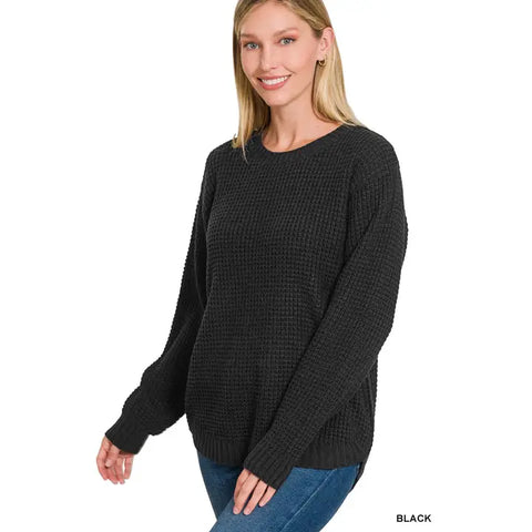 Hi-Low Long Sleeve Waffle Sweater || Black