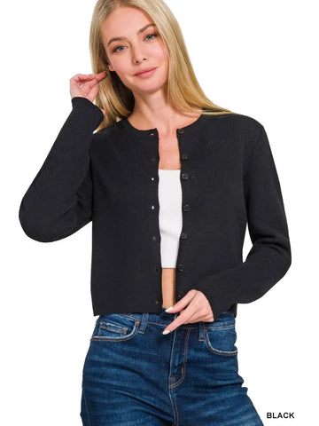 7 Button Crewneck Long Sleeve Cardigan || Black