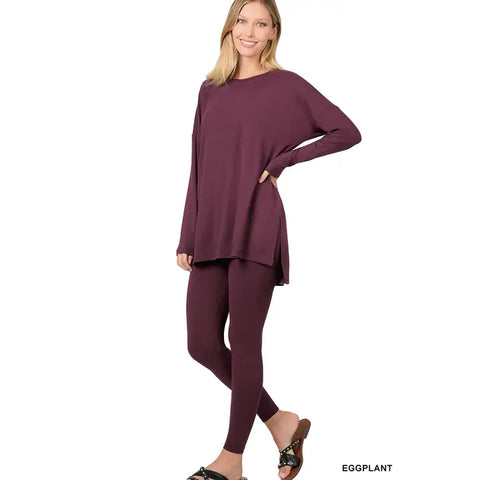Brushed Dty Microfiber Loungewear Set || Eggplant