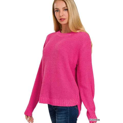 Hi-Low Long Sleeve Waffle Sweater || Fuchsia