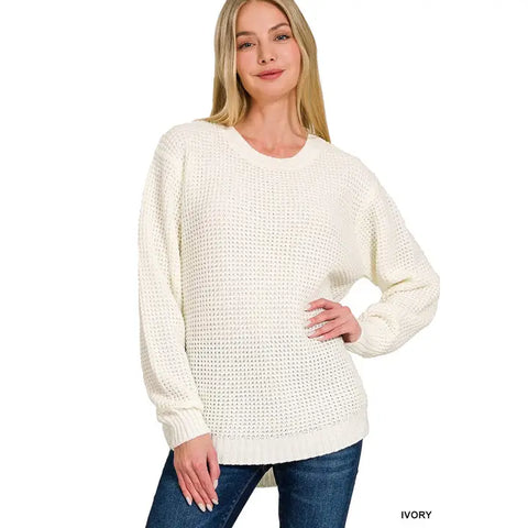Hi-Low Long Sleeve Waffle Sweater || Ivory