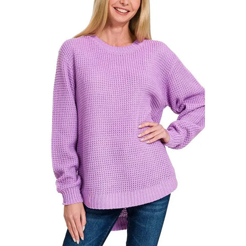 Hi-Low Long Sleeve Waffle Sweater || Lavendar