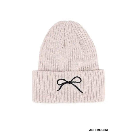 Bow Embroidered Beanie || Mocha
