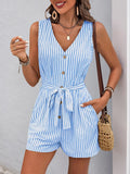 Striped V-Neck Romper || Light Blue