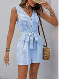 Striped V-Neck Romper || Light Blue