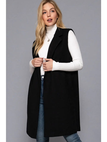 Sleeveless Notched Collar Soft Open Vest || Black
