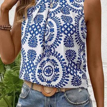 Vintage Print Crew Neck Tank || Dark Blue